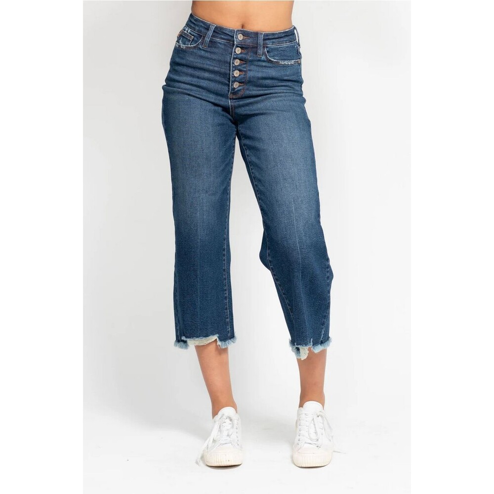 Judy Blue 88887 HW Button Fly Destroyed Hem Wide Leg Capri Size 0
